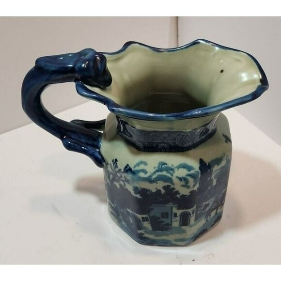 Vtg Victoria Ware Octagonal 1920's  Ironstone Blue Pitcher 7" Tall by 8" Wide - Picture 6 of 13
